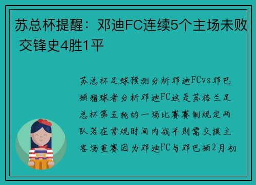 苏总杯提醒：邓迪FC连续5个主场未败 交锋史4胜1平