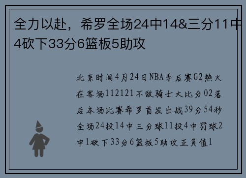 全力以赴，希罗全场24中14&三分11中4砍下33分6篮板5助攻